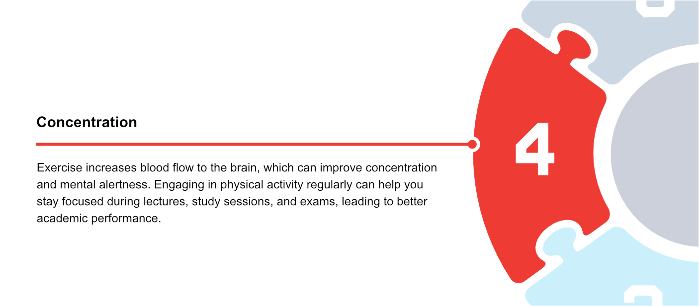 Slide 5 of 6 for physical health, focusing on 'Stress management.' Text discusses how exercise reduces stress levels by releasing endorphins, leading to better mental health and overall well-being, enabling students to handle academic challenges more effectively.